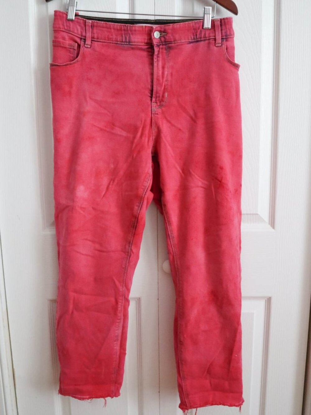 Old Navy Rockstar Super Skinny Jeans Pants Cropped Ankle Frayed  Hem Pink Sz 24